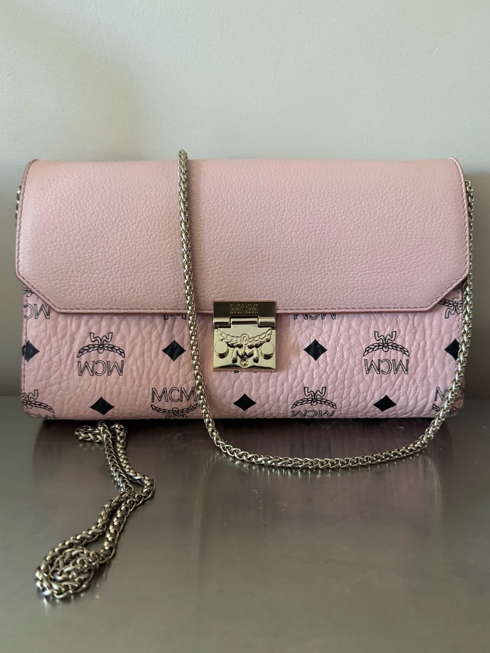 MCM Pink Visetos Leather Crossbody with Gold-Tone Lock